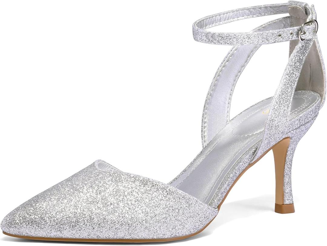 mysoft Women's Pumps Shoes Pointed Toe Kitten Low Heels Stiletto Ankle Strap Closed Toe Wedding Party Dress Sandals (10)