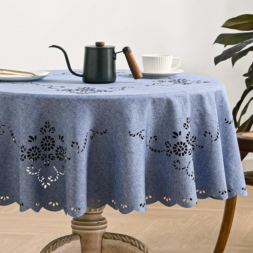 Wracra Macrame Waterproof Table Cloth, Farmhouse Linen Style Round Table Cover, Wrinkle Resistant Washable Indoor Outdoor Table Cloth (Blue, Round 55")