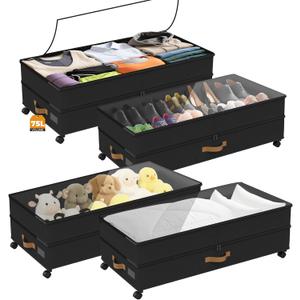 Under Bed Storage with Wheels 4-Pack, 75L XXL Under the Bed Storage Containers Large, 12" Tall Adjustable Storage for Underbed with Lids, Rolling for Shoes, Clothes, Blankets (4PCS-Black)