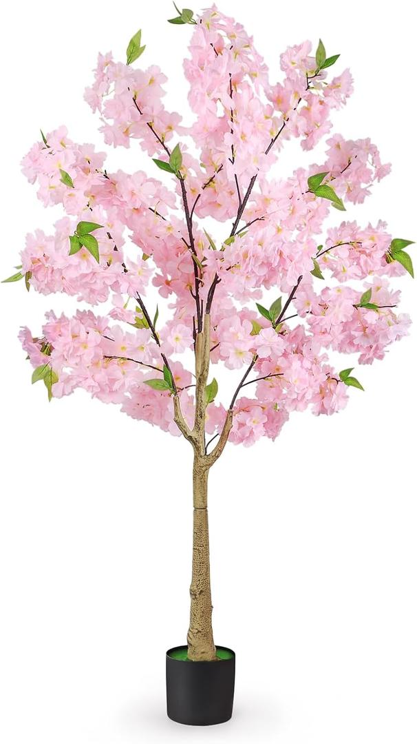 4FT Artificial Cherry Blossom Tree, Fake Pink Sakura Tree, Realistic Faux Blossom Tree for Indoor Outdoor Decor, Wedding Party Garden Home Office Decoration