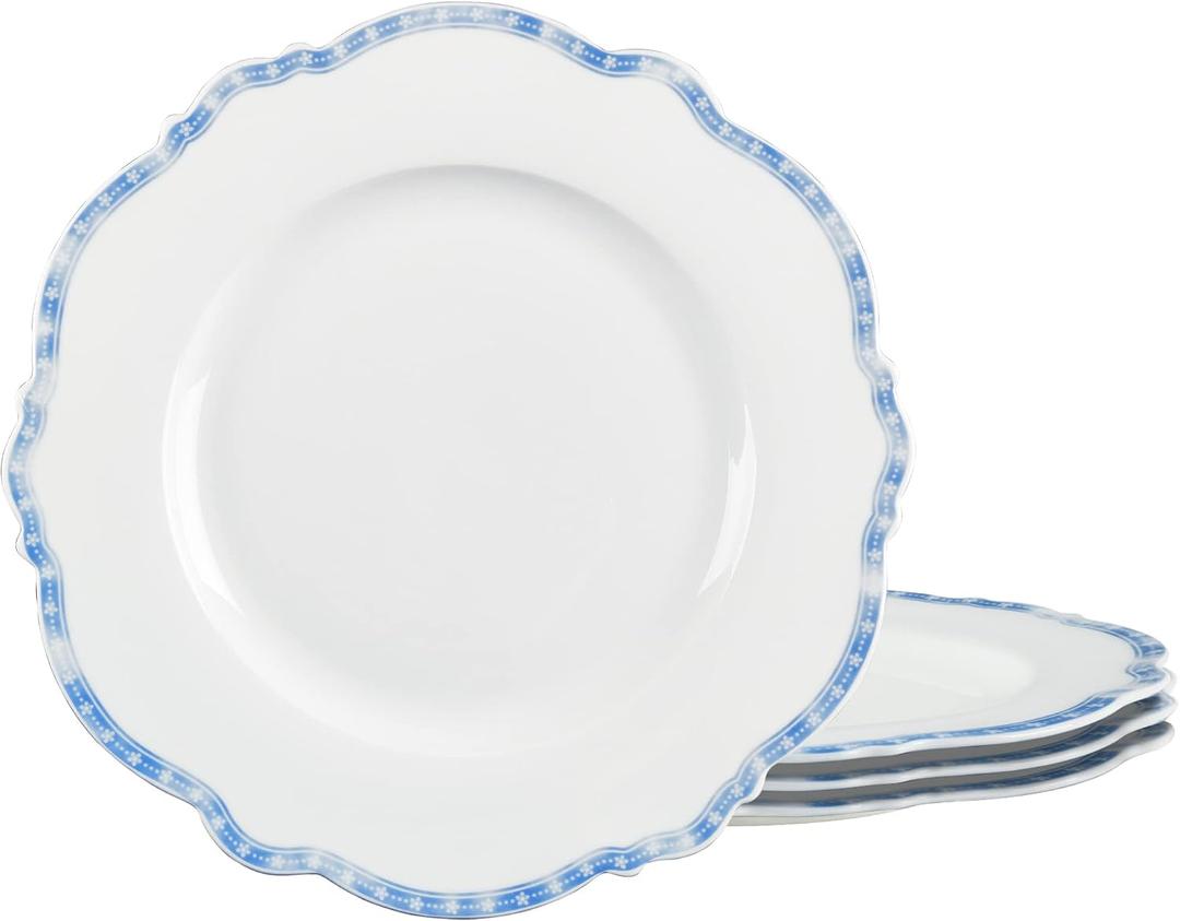 Fanquare Blue Dinner Set, 11-Inch Scalloped Porcelain Plates, Microwave Safe, Service for 4