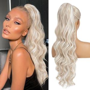 YUMOREAL Wavy Drawstring Ponytail Extensions Icy Blonde Long 26 Inch Synthetic Fake Hairpiece for Women