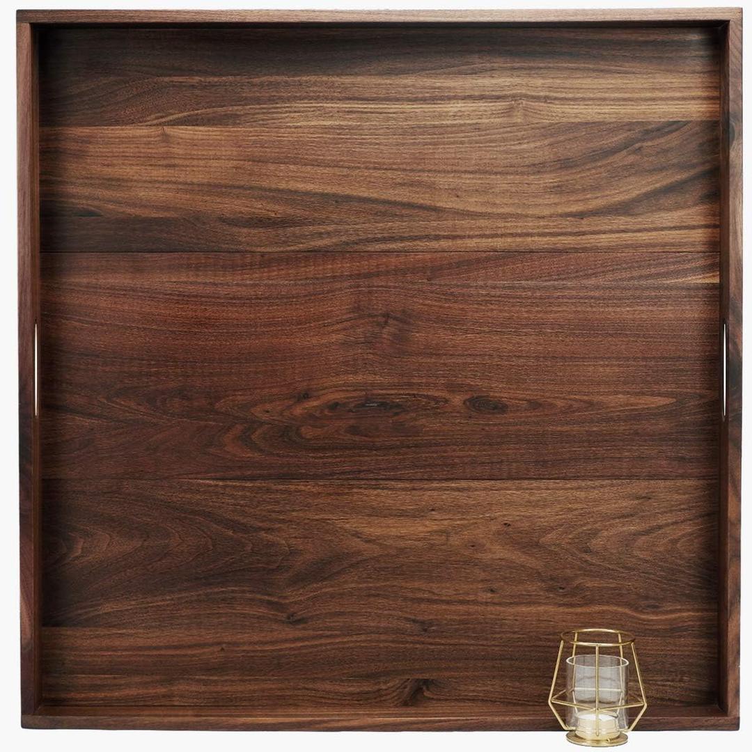 28 x 28 Inches Extra Large Square Black Walnut Wood Ottoman Tray with Handles, Serve Tea, Coffee Classic Wooden Decorative Serving Tray