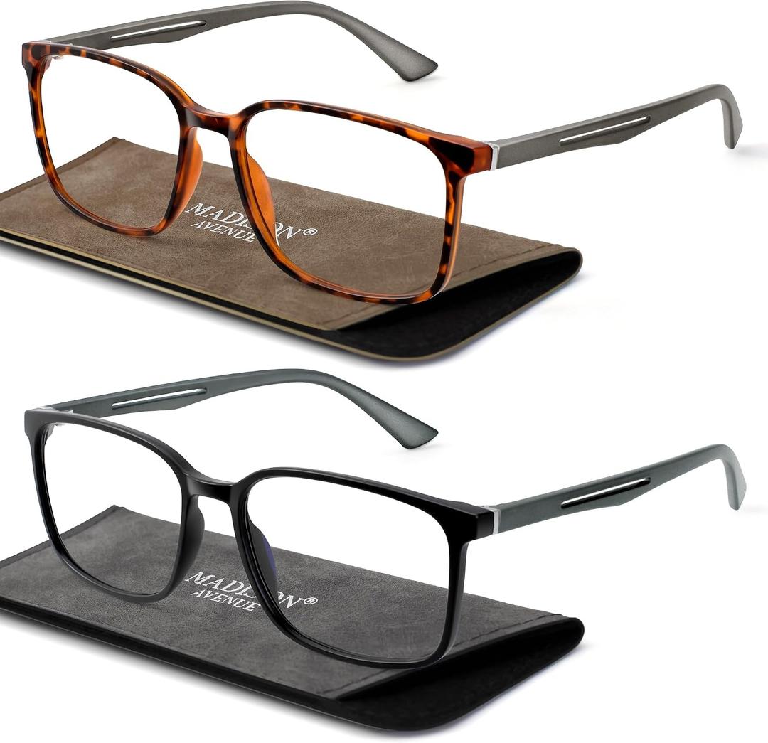 Madison Avenue 2 Pack Classic Square Blue Light Blocking Reading Glasses for Men, Sport Computer Readers Glasses Anti Glare
