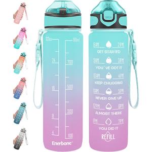Enerbone 32 oz Drinking Water Bottle with Times to Drink and Straw, Motivational with Carrying Strap, Leakproof BPA & Toxic Free, Ensure You Drink Enough Water for Fitness Gym Outdoor (Green-Purple)