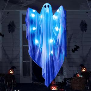 JOYIN Halloween Hanging Light up Ghost with Spooky Blue LED Light, 47 White Ghosts Halloween Hanging Decoration for Front Yard Patio Lawn Garden Party Decor Indoor Outdoor