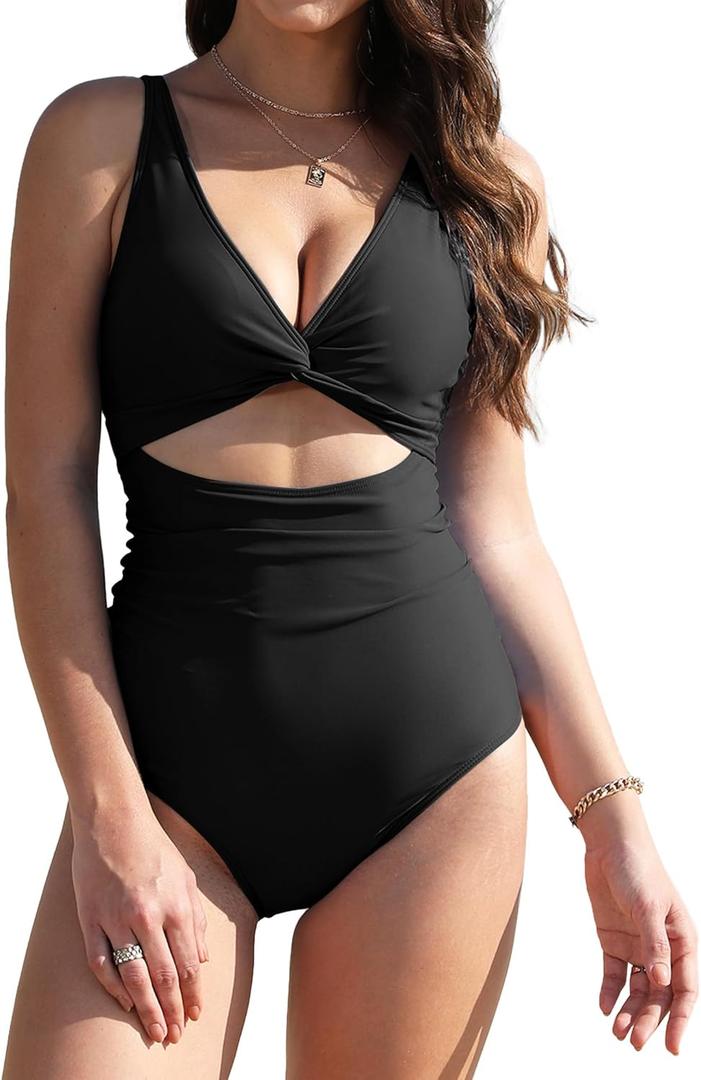Buauty Womens One Piece Swimsuit High Cut Out Swimming Suits Tummy Control Bathing Suit Cross Deep V-Neck Swim Suits for Women 2025 Black- XL
