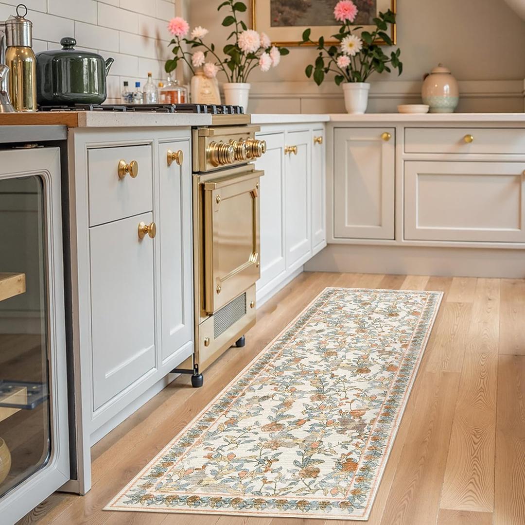 jinchan Eden Floral Washable Runner Rug 2x6 Autumn Vintage Hallway Rug Non-Slip Lightweight Soft Thin Kitchen Low Pile Distressed Orange Fall Decor Carpet for Bathroom Laundry Room Bedroom Entryway