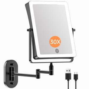 FASCINATE 5000mAh Rechargeable Wall Mounted Makeup Mirror, 8.7" Double Sided Touch Switch 1X 30X Rectangle Magnifying Mirror with Light, 3 Color Setting, Extended Arm 360 Swivel Foldable Black