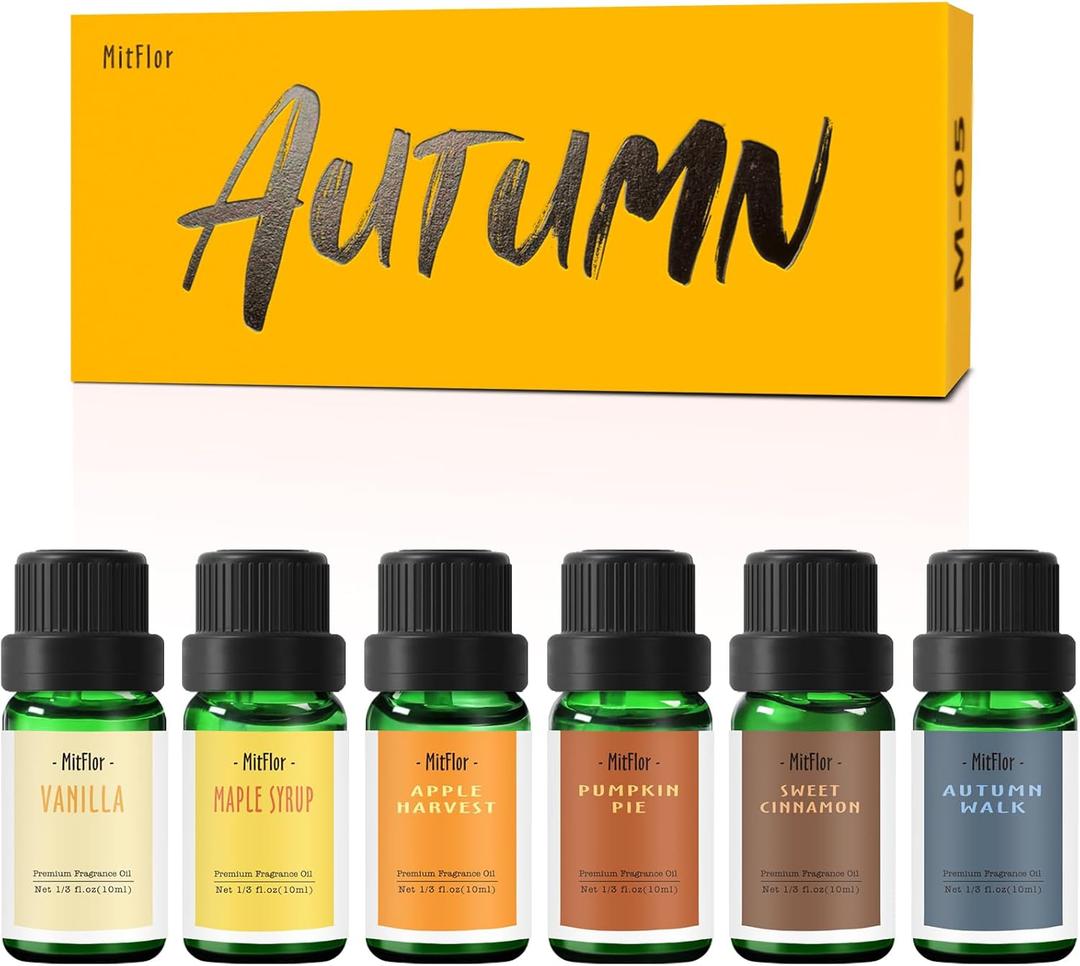 Autumn Essential Oils, MitFlor Fall Fragrance Oils for Candle Soap Making, 10ml x 6 Essential Oils for Diffusers for Home, Aromatherapy Gift Set for Halloween, Pumpkin Pie, Maple Syrup & Autumn Walk