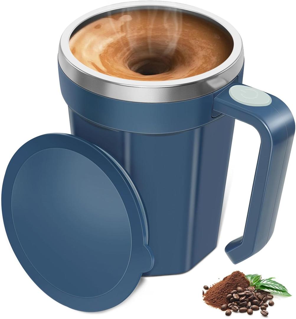 Self Stirring Coffee Mug, 18 oz Self Stirring Mug with Lid, Self Stirring Cup with Stainless Steel for Coffee, Milk and Beverages at Office, Home, Travel, Camping, 1 Pack - Blue
