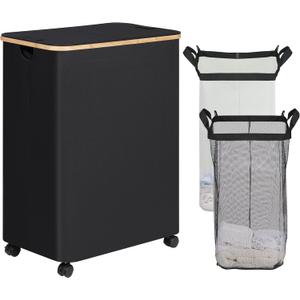 efluky Double Laundry Hamper with Wheels, Divided Laundry Hamper with Removable Bags, 2 Section Dirty Clothes Basket with Handles for Bathroom, Bedroom & Laundry Room, 160L Dark Black