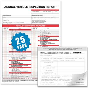 Annual Vehicle Inspection Report Form 25-pk 3-Ply Carbonless, 8.5" x 11.75" + 2-Ply Vinyl with Mylar Laminate Label 5" x 4"