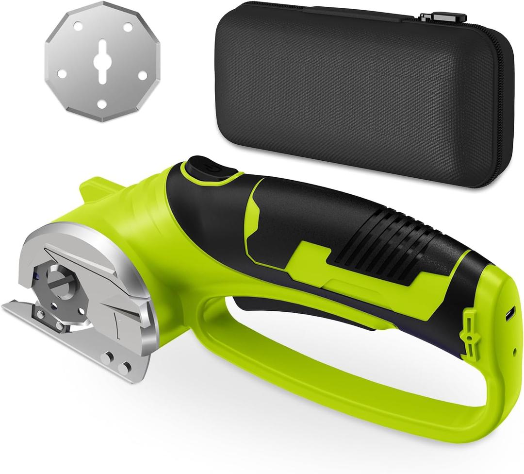 Cordless Electric Scissors, 4V Rechargeable Box Cutter & Cardboard Cutter with LED Light, Safety Lock - Rotary Cutter for Fabric, Leather, Carpet, Plastic, Crafting, Sewing with Storage Box (Green)