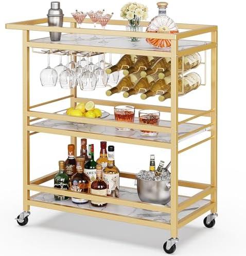 Leteuke Bar Cart for Home, 3 Tier Gold Serving Rolling Carts with Wheels, Drink Cart, Liquor Stand with Marbled Wooden Shelves, Wine Rack and Glass Holder for Kitchen, Dining Room, Gold