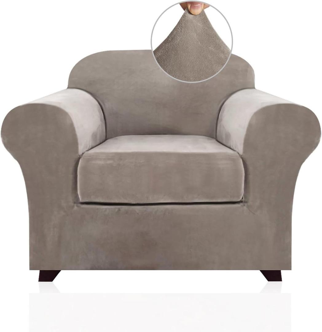 PrinceDeco Velvet Plush Couch Cover Stretch 2 Piece Chair Cover Chair Slipcover Washable Furniture Protector Couch Soft with Elastic Bottom Armchair Cover Width Up to 49 Inch(Small, Taupe)