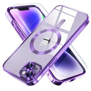 Misea Magnetic for iPhone 14 Plus Case Compatible with MagSafe [Never Yellowing] [Military Grade Drop Protection] Full Camera Lens Protector Plating Soft Clear Phone Case for Women Girls, Purple