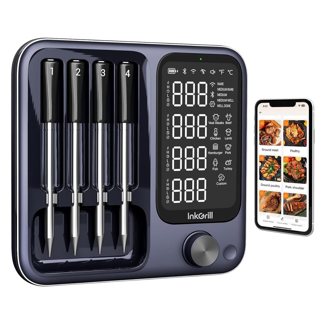 Wireless Meat Thermometer with APP Control4 Probes Meat Thermometer Digital, Unlimited Range WiFi & Bluetooth Meat Thermometerfor for Rotisserie, Grill, Oven, Smoker, BBQ, Air Fryer