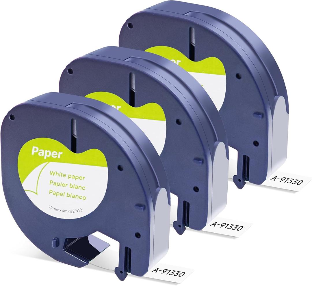 DYMO LetraTag Refills, Replacement for Dymo Label Maker Refills, 91330 Paper Label Tape 12mm (1/2" x 13ft) Compatible Dymo Lables for Letra Tag 100H 100T 200B QX50 (Black on White, 3 Pack)