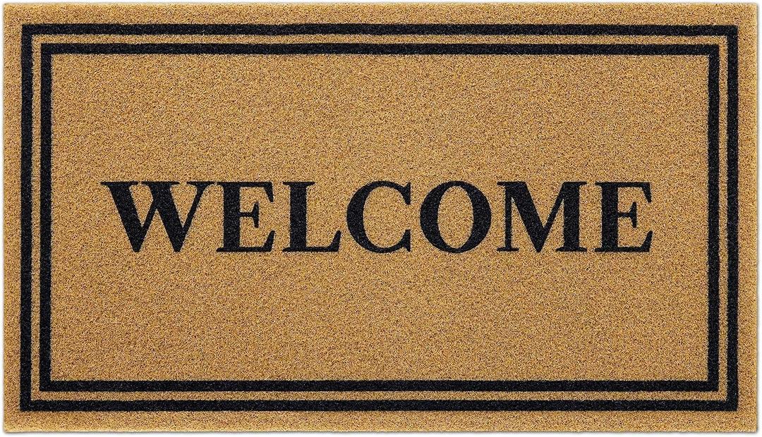 OLANLY Front Door Mat, Low Profile Doormat, Stain and Fade Resistant, Easy to Clean, for Indoor and Outdoor Entrances, Patio Porch or Entryway, Brown (30x17 Inch, Welcome)