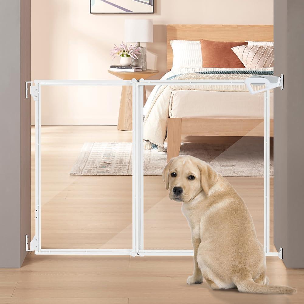 beeNbkks Hardware Mounted Clear Dog Gate, No Bottom Bar Pet Safety Gate for Doorways Hallways Stairs, Fit for 28"-43.5" Wide Opening, 30" Tall, with One-Hand Dual Swing Door, Indoor Outdoor Use