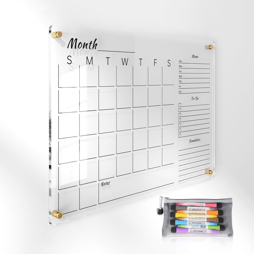 24x16" Clear Acrylic Wall Calendar with Dry Erase Surface, Monthly Planner Board, Includes Colorful Markers, Eraser, Multi-Color Mounting Screws, & Easy Install Kit - Ideal for Home & Office