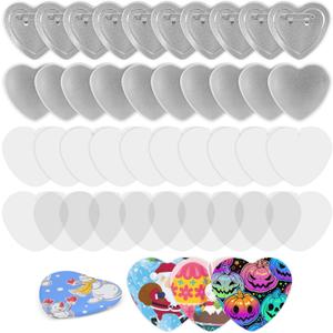 100 Pieces Heart Shaped Blank Button Maker Supplies for Button Maker Machine Heart Badge Pin Button Parts, Includes Metal Button Pin Back Cover, Metal Shell, Clear Film, Gasket, Blank Paper (HEART SHAPE/2.28X2.1INCH)