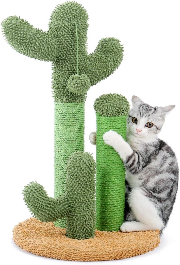 PAWZ Road Cat Scratching Post Cactus Cat Scratcher Featuring with 3 Scratching Poles and Interactive Dangling Ball -Medium 23 Inches (Khaki)