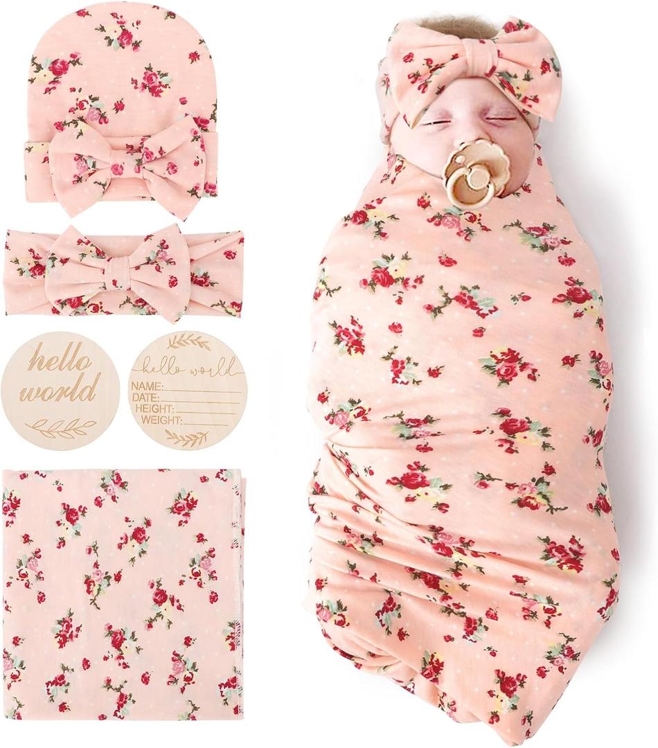BQUBO Baby Girl Newborn Floral Receiving Blankets with Bow Hat Headband Wooden Birth Announcement Card Set Newborn Baby Swaddling Hats Sleepsack Toddler Warm Shower Gift