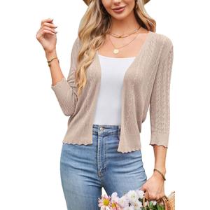 Arach&Cloz Women's 2024 Lightweight Summer Cardigan 3/4 Sleeve Crochet Patterns Knit Shrug Sweater Tops (White, XL)