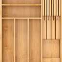 Small-Bamboo-Silverware-Drawer-Organizer, Expandable Utensil Kitchen Cutlery Tray Flatware Organization Adjustable Wood Tableware Dividers Storage (with Removable Knife Block)(Natural) (Medium)