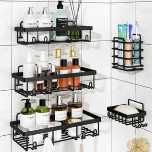 Liuoud 5 Pack Shower Caddy Organizer Rack Shelf for Inside Shower, Adhesive Bathroom Wall Storage Basket Rustproof Stainless Steel Shampoo Holder, Bathroom Accessory Decor Set, Black