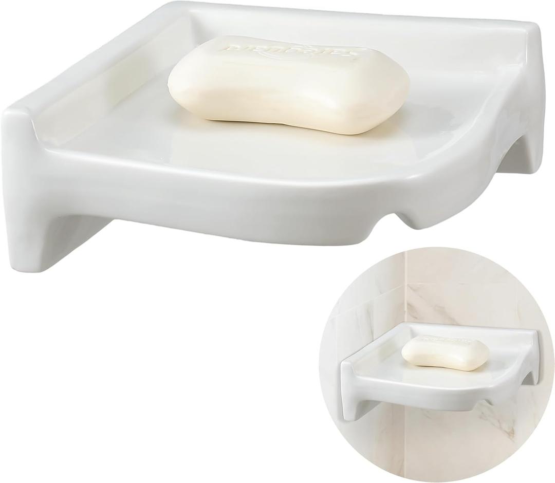 Honeydak Ceramic Corner Soap Dish for Shower Wall Tile White Ceramic Soap Holder 7 x 7 x 2.5 Inches Wall Holder for Home Bathtub Bathroom Sink Shower