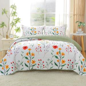 Botanical Quilt Set Queen Size Summer Lightweight Coverlet, Colorful Floral Bedspread Coverlet Set, 3 Pieces Soft Microfiber Plants Pattern Quilt Bedding Set for All Season (96"x90")