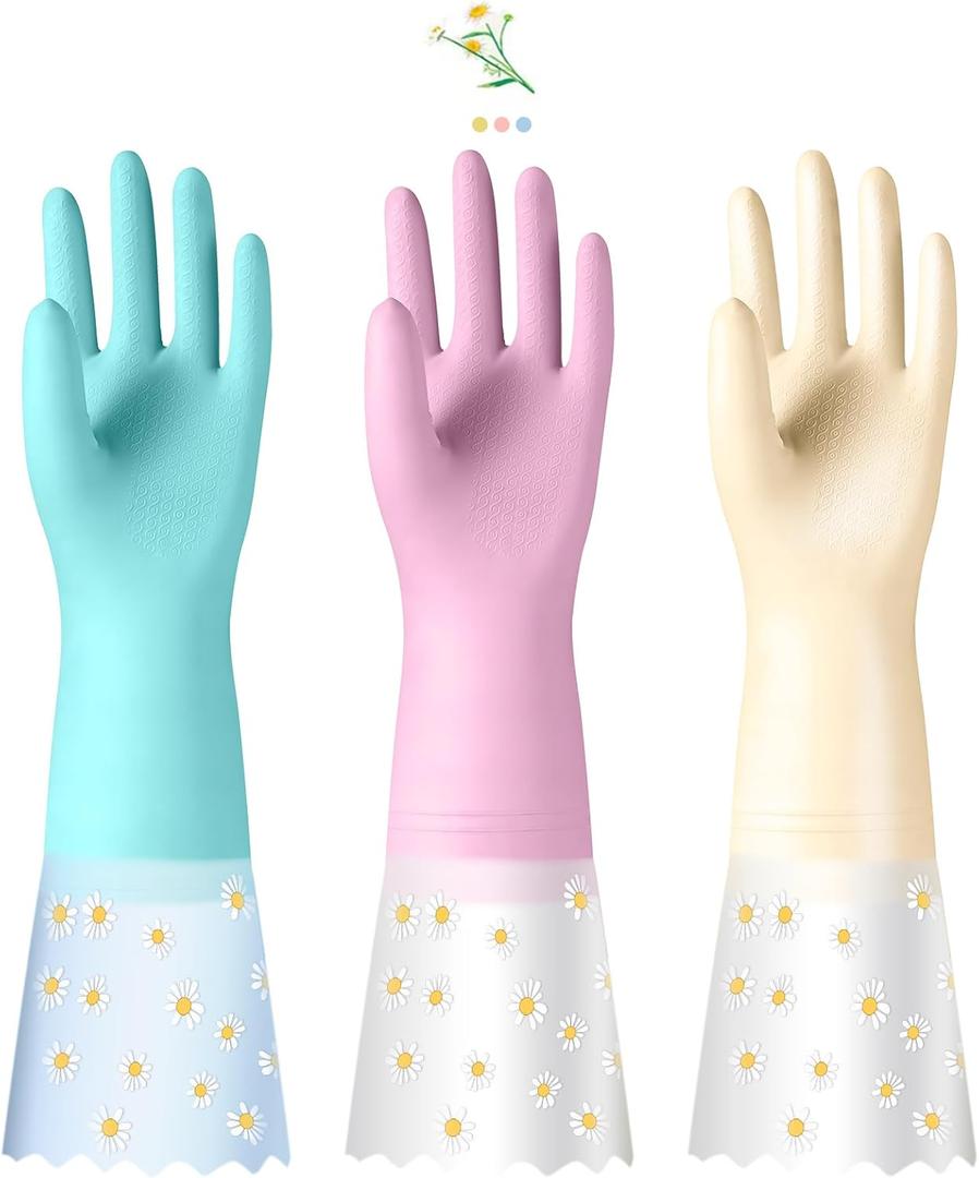 KAQ Reusable Household Cleaning Gloves Rubber: 3 Pairs Latex Free Kitchen Gloves for Washing Dishes with Cotton Lined (Large (Pack of 3), Assorted Colors)