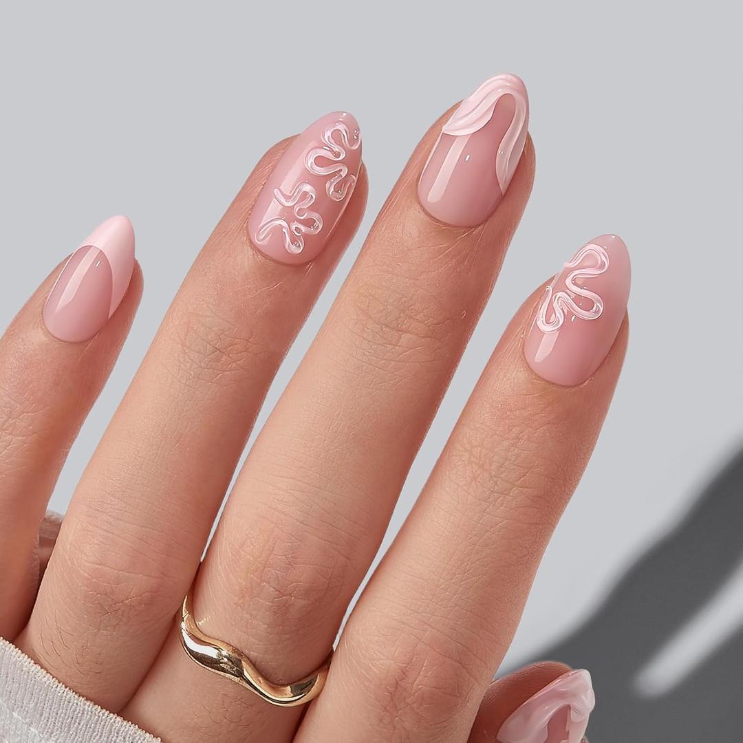 BTArtbox Press On Nails Almond, Rose Lemonade, Pink Swirl, Short, 32Pcs | Lamp-Curable 4-Week Wear, Easy-to-Apply in 15 Mins, Salon-quality Nail Look, Included Glue and Adhesive Tabs All-in-One Kit