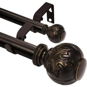 Heavy Duty Adjustable Double Curtain Rod for Windows 48 to 84 Inches  1 Inch Diameter Decorative Rods with Maple leaf Finials & Sturdy Brackets for Living Room, Bedroom  Easy to Install, Bronze