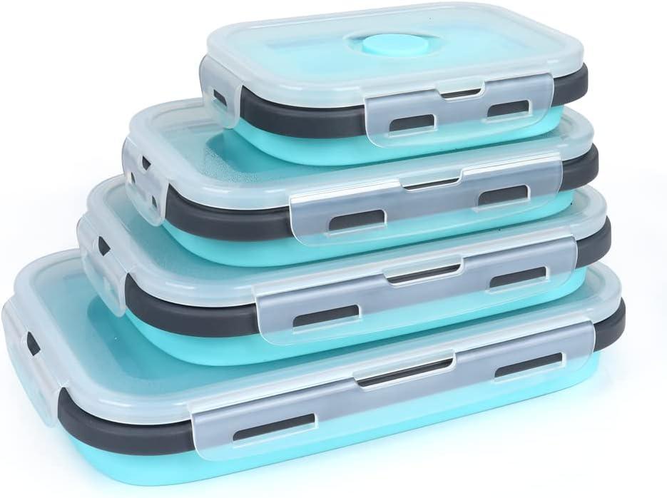 Set of 4 Collapsible Foldable Silicone Food Storage Containers,Ktichen Collapsible Storage Bowls with Airtight Plastic Lids for Leftover, Silicone Lunch Box-Microwave,Dishwasher,Freezer Safe (blue Square)