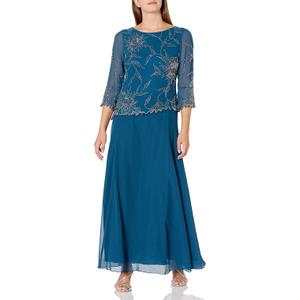 J Kara Plus Size Womens Scoop Neck Line with 3/4 Sleeve Beaded Top Long Dress Size 16 