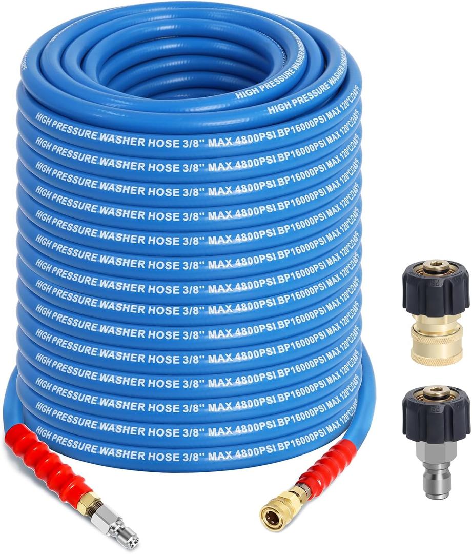 3/8" Pressure Washer Hose 100ft - 4800 PSI Kink Resistant Steel Wire Braided Industrial Grade Power Washer Hose for Hot/Cold Water up to 248F with 2 M22 14mm Quick Connect Ends and Adapters Kits