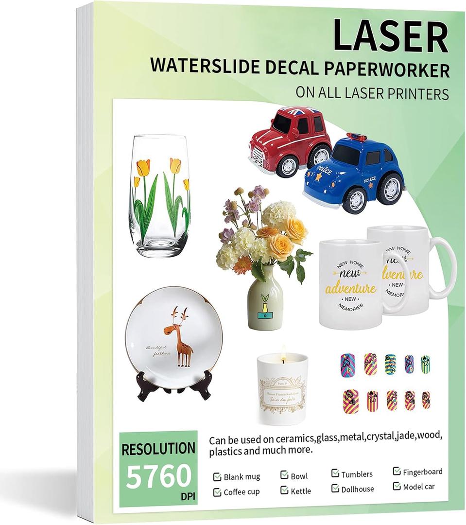 20 Sheets Waterslide Decal Paper LASER CLEAR,8.5X11 Inch Water Slide Transfer Paper Transparent Printable for Tumblers, Ceramics, Plastics, Glasses, DIY