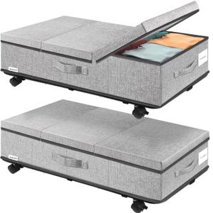 Under Bed Storage with Wheels, Rolling Underbed Storage Containers with Lids, Under Bed Shoe Storage Bins Organizer with Reinforced Metal Bottom Support and Three Handles