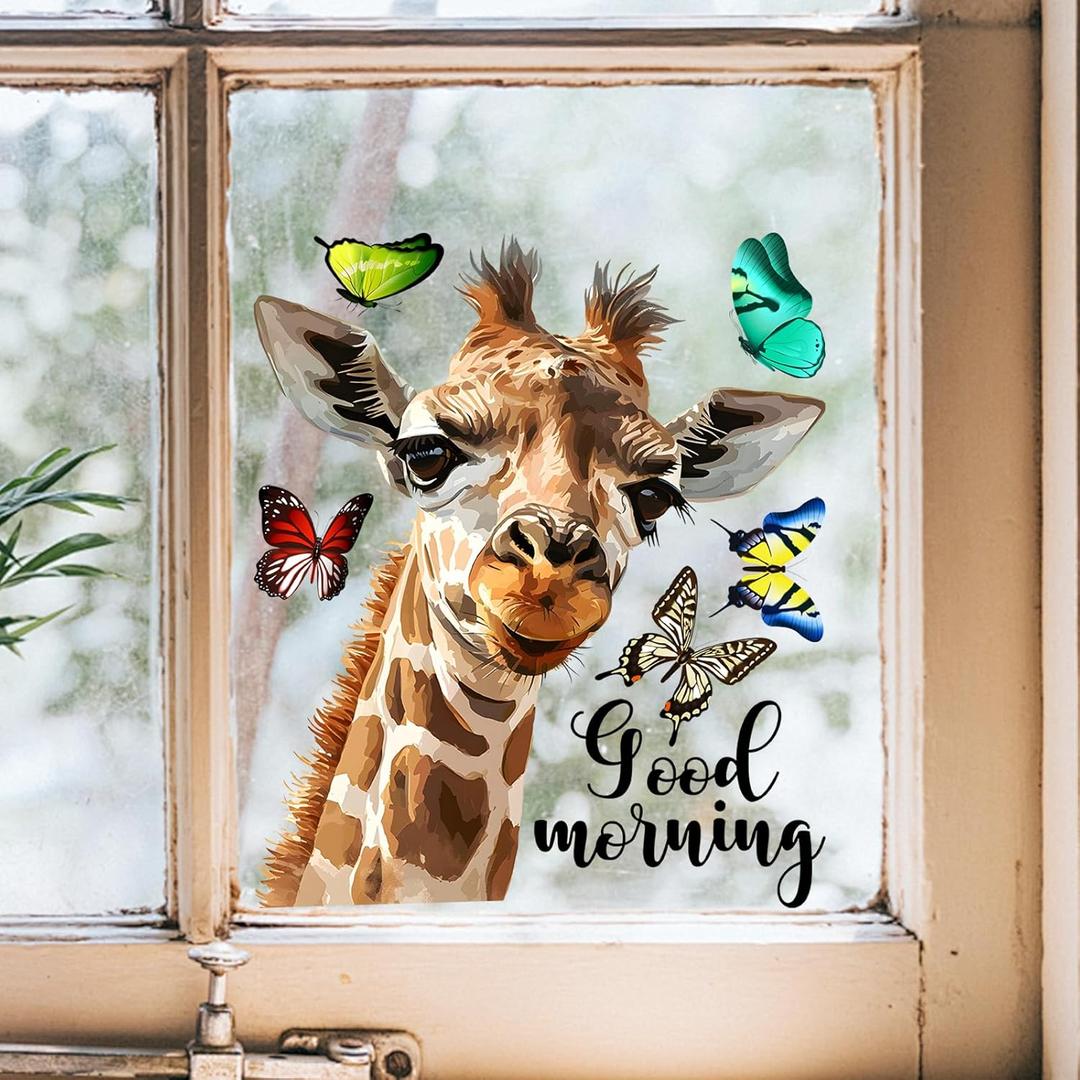 Supzone Cartoon Giraffe Butterfly Window Decals - Realistic Good Morning Giraffe Reusable Anti-Collision Double-Side Window Sticker for Living Room Bedroom Glass Door Decoration
