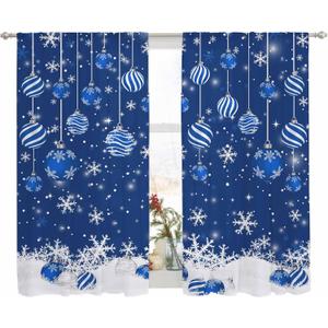 Christmas Sheer Curtains 72 Inches Long, Navy Blue Christmas Balls Winter Snowflake Window Treatment Panels Light Filtering Rod Pocke Curtain Voile Drapes for Bedroom/Living Room Each 52" W x 72" L
