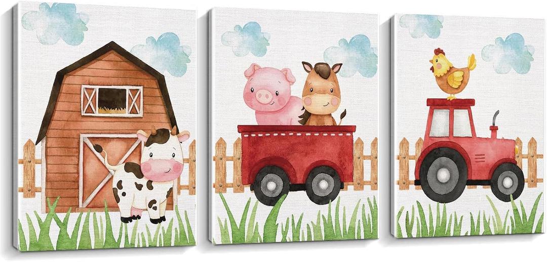 Watercolor Farmhouse Nursery Decor Canvas Wall Art Farm Cute Animal Chicken Cow Pig Wall Decor Artwork Poster Prints for Home Living Room Kids Boys Bedroom Classroom Decoration,3PCS,Framed,11.4x15IN
