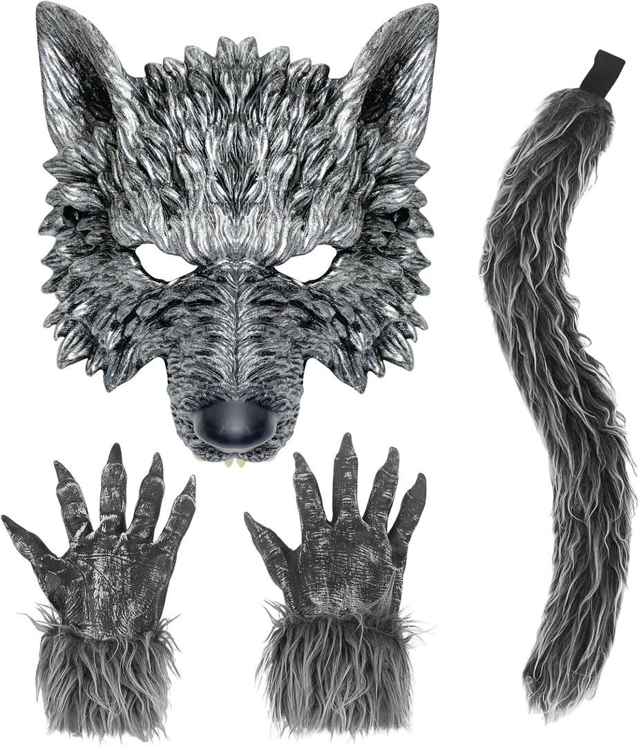 HyperFun Werewolf Costume Halloween Wolf Mask Gloves and Tails Set, Realistic Wolf Costume Cosplay Accessories Kit