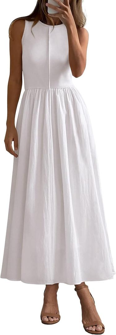 PRETTYGARDEN Maxi Dresses for Women 2025 Summer Casual Sleeveless Patchwork Flowy Vacation Sundress Knit Long Work Tank Dress (Large, White)