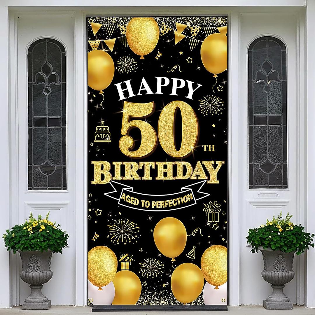 Happy 50th Birthday Decorations for Men & Women, Black Gold 50 Birthday Banner Backdrop, 50 Years Old Party Decor, Fabric Door Decor Yard Sign Photo Booth, Indoor Outdoor Supplies