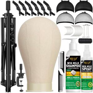 Wig Stand Tripod Metal Adjustable Mannequin Head Stand - Mannequin Wig Head with Mount Hole, Manikin Head for Wigs Making, Drying, Styling and Display - Wigs Shampoo & Milk Spray T Pins Hair Cap Set