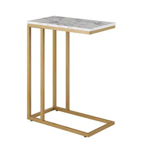 C Shaped End Table with Marble Top & Gold Frame - Narrow Side Table for Couch, Sofa or Bed - Compact Accent Tables Living Room | Multi-Space Small Tables for Office, Bedroom 24x12x25in(White)